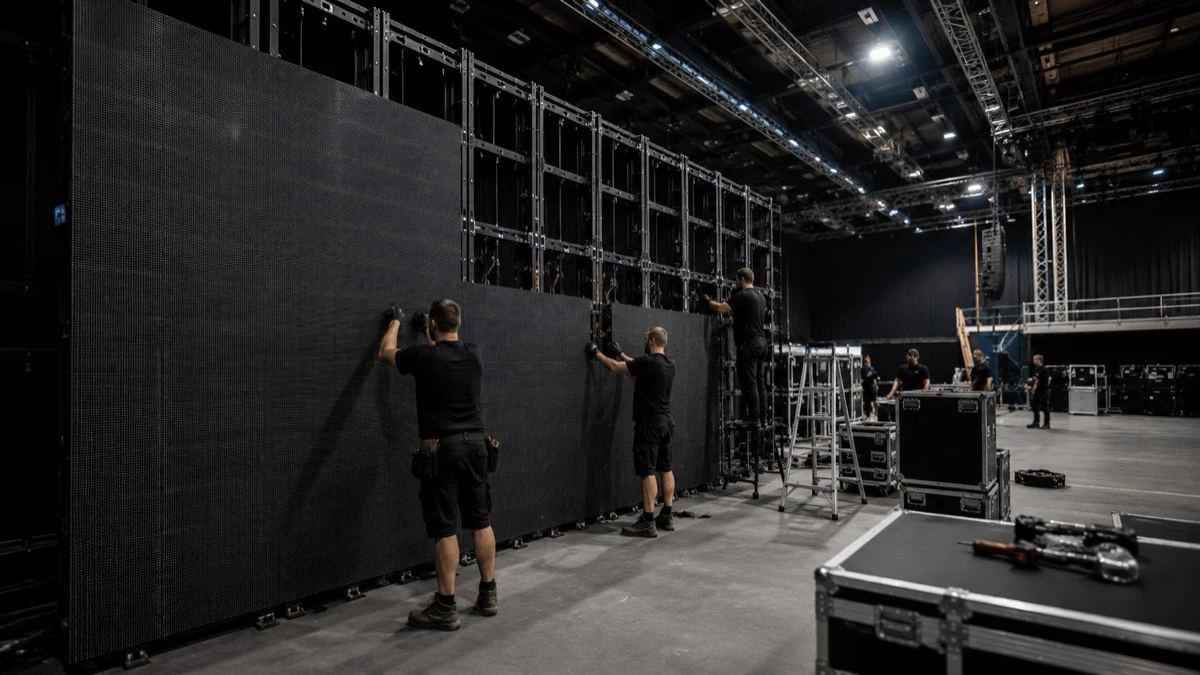 Technical crew assembling a large indoor LED wall
